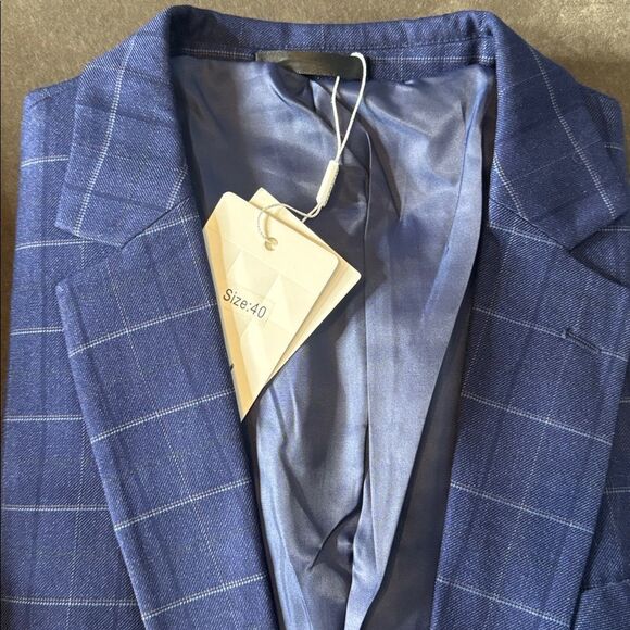 Men’s Blue Plaid 3 Piece Slim Fit Suit Notched Lapel Jacket 40 Pants 36 NWT - Picture 7 of 15